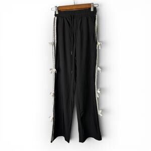 Free Haven Black Joggers Delicate White Lace Trim Bows Small Feminine Streetwear